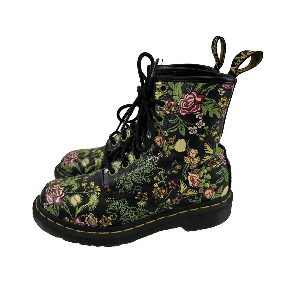Dr Martens Floral Bloom Leather Combat Boot Lace Up Ankle Black Pink Womens 6 - Picture 1 of 13